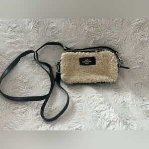 Coach Leather & Shearling Crossbody Bag in Cream and Black